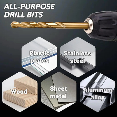 Beast M35 Drill Bit Set For Hardened Metals And Woodworking 115 Pieces From 1 Sixteenth To 1 Half Inch A To Z And 1 To 60 Sizes With Metal Index Storage Box High Speed Steel Bits For Stainless Steel Cast Iron And Plastics graphic showing drill bit versatility for wood, plastic, metal.