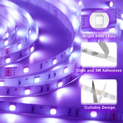 Smart WiFi RGB LED Strip Lights 25ft With App Control And Voice Assistants, 16 Million Colors featuring bright LEDs and adhesive.