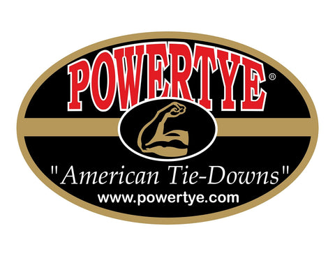 PowerTye logo with slogan 'American Tie-Downs' and website URL, related to Heavy Duty Lashing Straps With Cam Buckle