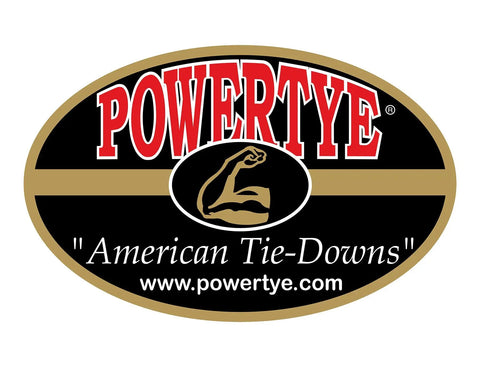 Logo of POWERTYE, featuring 'American Tie-Downs' text and a flexed arm symbol on a black and gold oval.