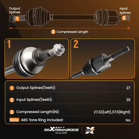 Pair Front CV Axle Shafts Assembly For Ford Escape And Lincoln MKZ AWD diagram showing output/input splines and compressed length details.