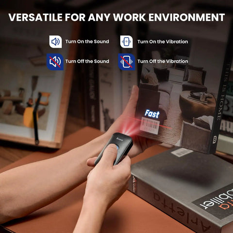 Person using Go To Ultra Portable 1D Mini Bluetooth Barcode Scanner With 3 In 1 USB Wired Bluetooth And 2 4G Wireless Connectivity