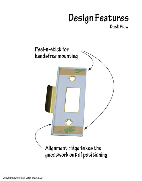 Back view of Mixed 2 Pack Door Latch Repair Kit With Brass Finish, showing peel-and-stick feature and alignment ridge.