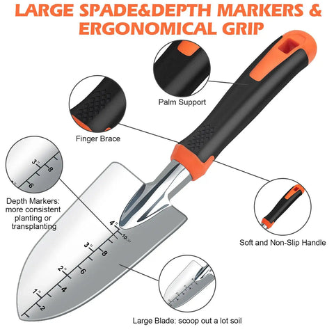 Heavy Duty Garden Shovel With Measurement Mark Pro Grade Ergonomic Rubber Handle and Sturdy Trowel for Planting