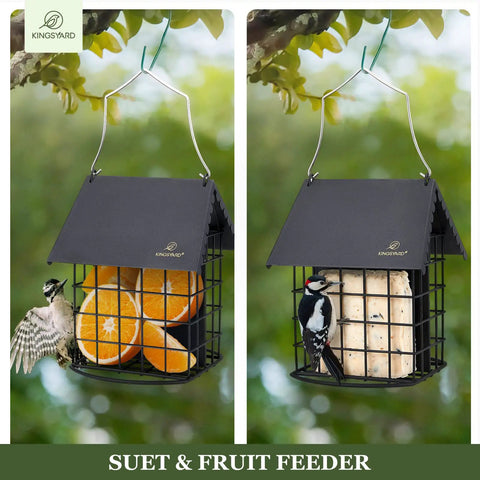 Double Suet Bird Feeder with Weatherproof Roof holding suet and fruit, showing rust-resistant black metal cage in outdoor setting