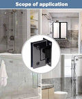 Rock Solid Glass Shower Hinges 2 Pack 90 Degree Built Like a Tank 304 Stainless Steel Brushed Finish for Frameless Glass Doors Bathroom Hardware Easy Install displayed in various bathroom setups.