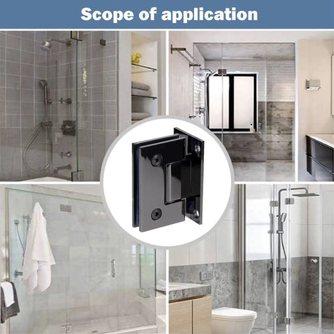 Rock Solid Glass Shower Hinges 2 Pack 90 Degree Built Like a Tank 304 Stainless Steel Brushed Finish for Frameless Glass Doors Bathroom Hardware Easy Install displayed in various bathroom setups.