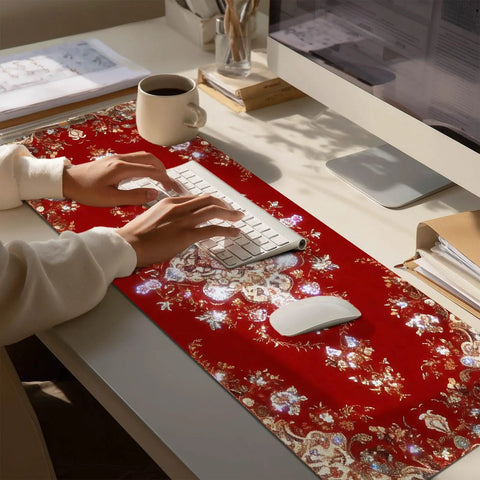 Massive 31.5 By 11.8 Inch Gaming Mouse Pad With Luxury Red Ornamental Pattern on desk with keyboard and mouse