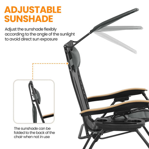 Zero Gravity Patio Lounge Chair with adjustable canopy shade, cup holder tray, headrest, padded recliner shown folded with sunshade.