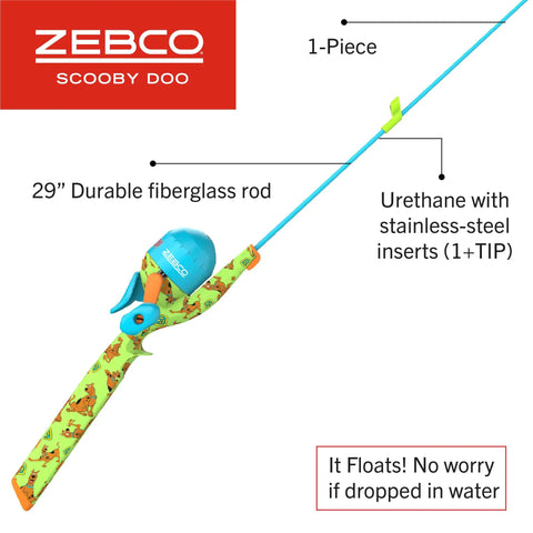 Scooby Doo Themed Kids Spincast Fishing Combo With 29-Inch Fiberglass Rod, Light Power, Moderate Action, Floating Reel Size 20 Green