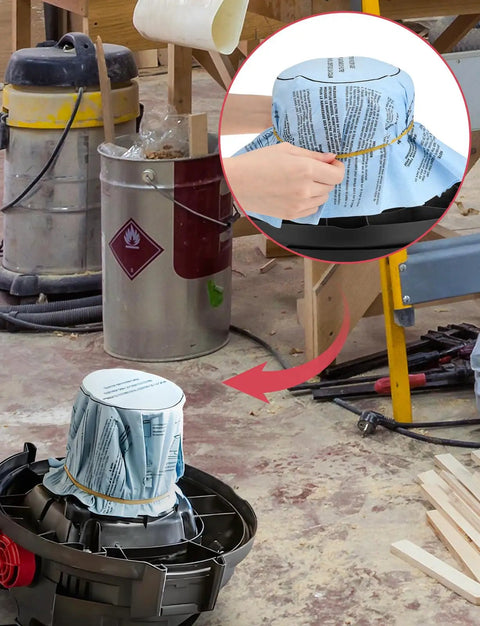 20-Piece Vacuum Filter Kit for 5-Gallon Plus Wet Dry Vacuums setup, showing paper disc filter and retaining band installation.