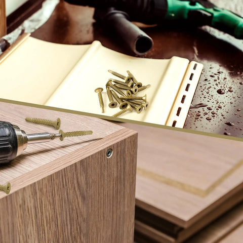 Beefy Bronze Wood To Metal Self Drilling Screws 10 16 Size One And A Quarter Inch Length Self Tapping Trailer Deck Screws With Torx Drive T25, 2 Lb Pack About 252 Pieces shown in use and close-up.