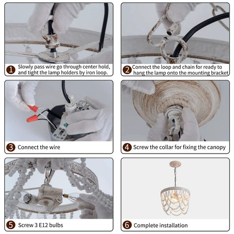 Installation steps for Three Light Wood Bead Pendant Light With Boho Engraved Pattern Ring Fixture for farmhouse spaces.