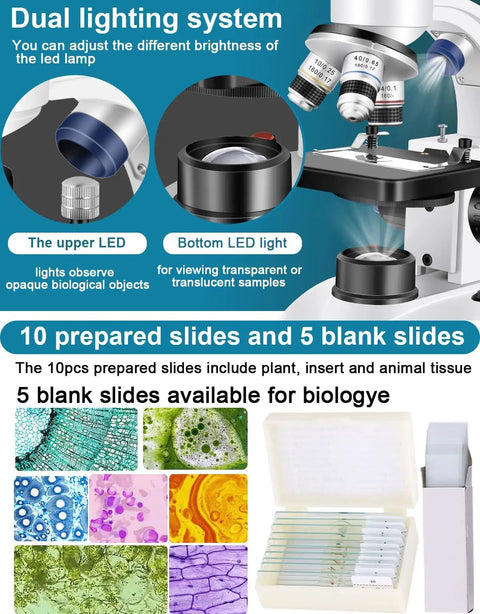 Pro Grade Family Lab Microscope For Adults With USB Camera 40X To 2000X Magnification WF10x And WF25x Eyepieces Ideal For School Home Science Projects And Lab Work, dual LED lighting and slides