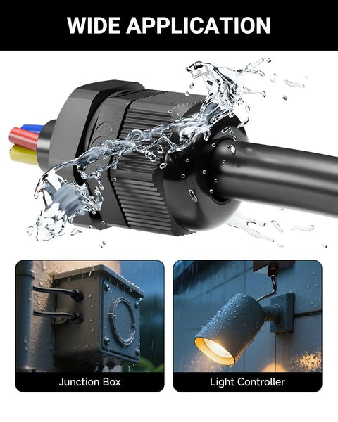 All Purpose Nylon Waterproof Cable Gland Kit 50 Pcs IP68 with PG7 NPT installed on outdoor junction box and light controller