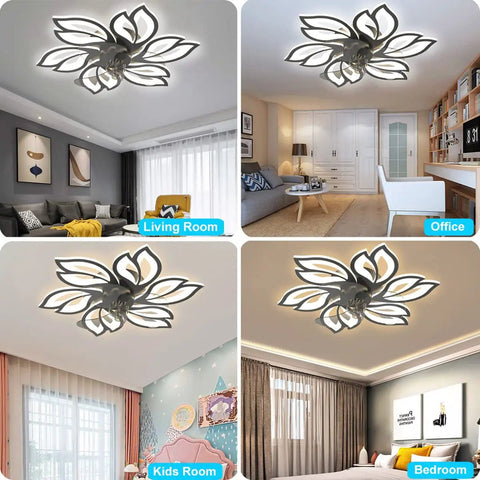 Modern bladeless ceiling fan with lights in a living room, bedroom, kids room, and office, displaying enclosed LED design.