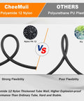 Comparison of Polyamide 12 Nylon and Polyurethane plastic air lines showing flexibility.