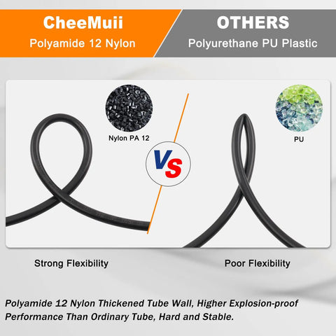 Comparison of strong flexibility in Premium PA12 Nylon Pneumatic Air Tubing 30 Ft 1 Quarter Inch OD DOT Approved and PU plastic