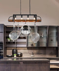 Dope Four Light Metal Pot Rack Chandelier With Faux Wood Grain Finish in kitchen over island, 34.6 x 9.8 x 11.8 inches