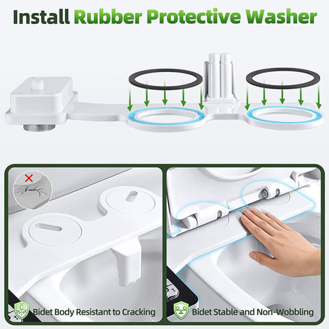 Must Have Non Electric Cold Water Bidet Toilet Seat Attachment With Pressure Controls And Retractable Self Cleaning Dual Nozzles For Front And Rear Wash In Black showing installation of rubber protective washer