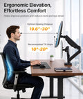 Heavy Duty Dual Monitor Arm Stand With Integrated USB Charging Ports Fits 17 To 32 Inch Screens Up To Nineteen Point Eight Pounds shown with ergonomic elevation for comfort.
