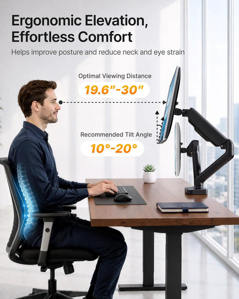 Heavy Duty Dual Monitor Arm Stand With Integrated USB Charging Ports Fits 17 To 32 Inch Screens Up To Nineteen Point Eight Pounds shown with ergonomic elevation for comfort.