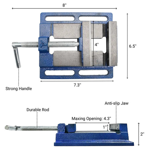 Drill Press Vise For Real World Makers, 4 Inch Jaw Opening Machinist Vise, Boss Tough Heavy Duty Steel Low Profile Bench Clamp, top and side view