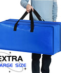 Person holding Heavy Duty Blue Moving Bags With Sturdy Zipper Handles And Backpack Straps Ditch The Moving Boxes
