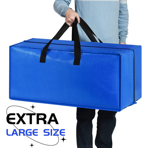 Person holding Heavy Duty Blue Moving Bags With Sturdy Zipper Handles And Backpack Straps Ditch The Moving Boxes