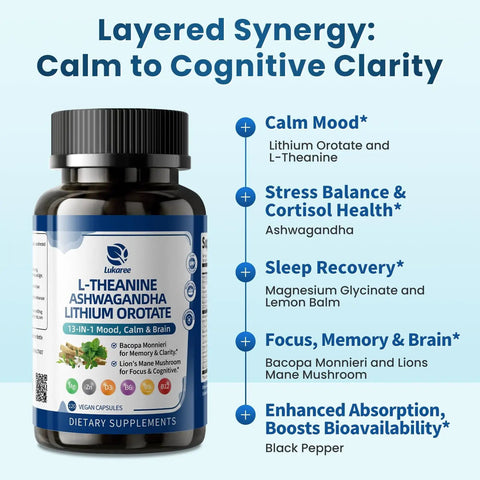 Powerful Mood Boost Nootropic Blend With Lithium Orotate And L-Theanine, Ashwagandha Stress Support, 120 Vegan Capsules