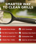 Bristle Free Grill Cleaner For Outdoor Grills Heavy Duty BBQ Scrubber With Stainless Steel Blades on table, feature list visible