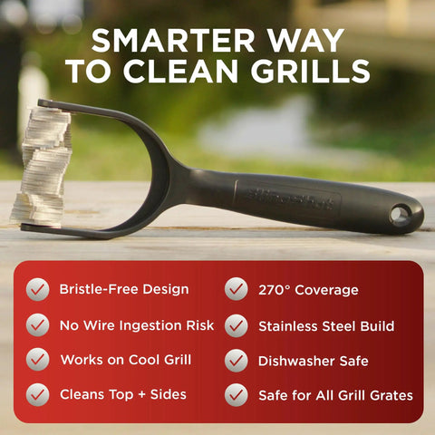 Bristle Free Grill Cleaner For Outdoor Grills Heavy Duty BBQ Scrubber With Stainless Steel Blades on table, feature list visible