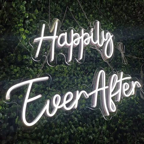 Two Piece LED Neon Light Sign Set Happily Ever After, Dual Panels 14.6x7.5 and 20.9x7.5 Inch against green background