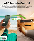 The Real Deal Smart Plug Power Strip With Six Individually Switched Outlets And Three USB Ports Offering Thirty Watt Fast Charge Surge Protector Alexa And Google Home Compatible Energy Monitor Six Foot Cord shown with app remote control feature.