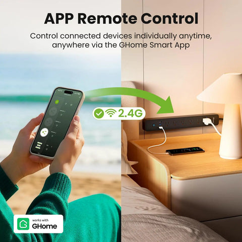 The Real Deal Smart Plug Power Strip With Six Individually Switched Outlets And Three USB Ports Offering Thirty Watt Fast Charge Surge Protector Alexa And Google Home Compatible Energy Monitor Six Foot Cord shown with app remote control feature.