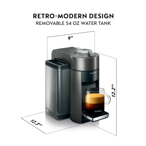 Vertuo Coffee And Espresso Maker By DeLonghi Titan With Aeroccino Milk System in sleek graphite finish with dimensions shown