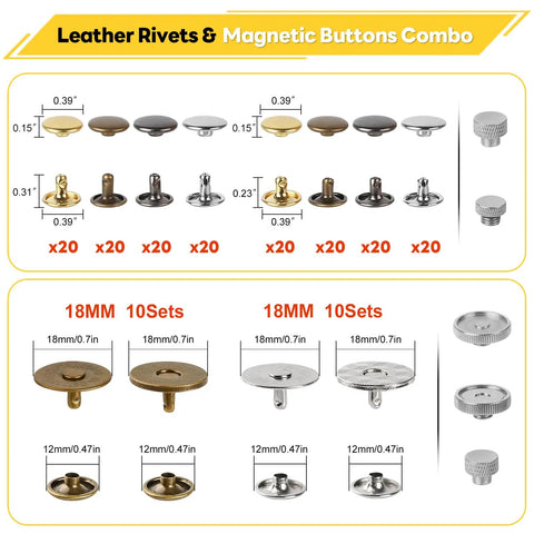 2-In-1 Leather Rivet and Magnetic Snap Fastener Kit With Pliers, 180-Piece Set for Leather Craft and DIY Repair, image showing metal rivets