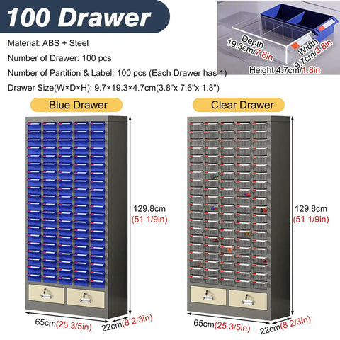 Badass Heavy Duty Steel Parts Organizer Cabinet With 75 Lockable Drawers For Garage And Workshop Storage showing 100 drawers with blue and clear options.