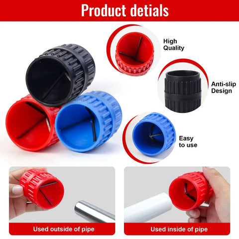 Pro Grade Pipe Deburring Tool Kit With One Quarter To One Inch Depth Gauge And One Eighth To One And Five Eighths Inch Inner Outer Reamer For Copper PVC CPVC PPR Brass Aluminum Pipe 4 Pack in red, blue, and black with anti-slip design, used inside and outside pipes.