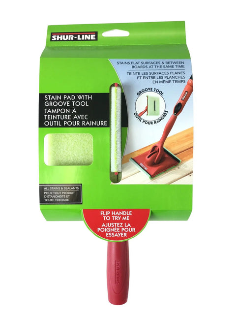 Deck Stain Pad With Groove Tool For Even Coverage On Flat Surfaces And Between Boards package with handle visible