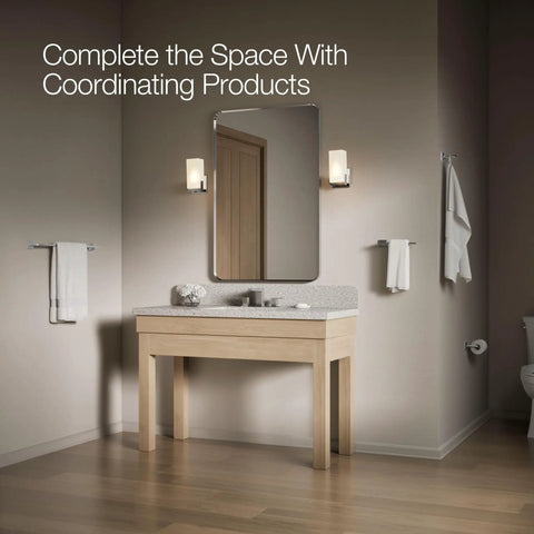 Modern bathroom with Sleek Square Wall Mounted Toilet Paper Holder in Polished Chrome Premium Metal Construction Pivoting Roll