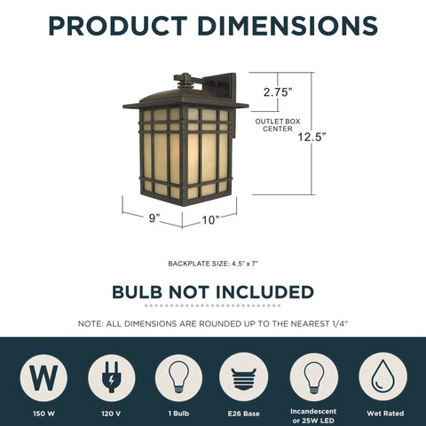 Hillcrest 13 Inch Mission Style Outdoor Wall Sconce Imperial Bronze With Linen Glass Arts And Crafts Exterior Lighting Weather Resistant Aluminum Construction ETL Wet Rated For Outdoor Use dimensions and details