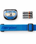 Vision LED Headlamp 200 Lumen 4 Pack With 12 AAA Batteries Included, showing headlamp, blue strap, and three batteries.