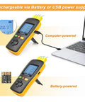 K Type Thermocouple Data Logger With USB For Four Channel Temperature Monitoring shown with USB and battery options