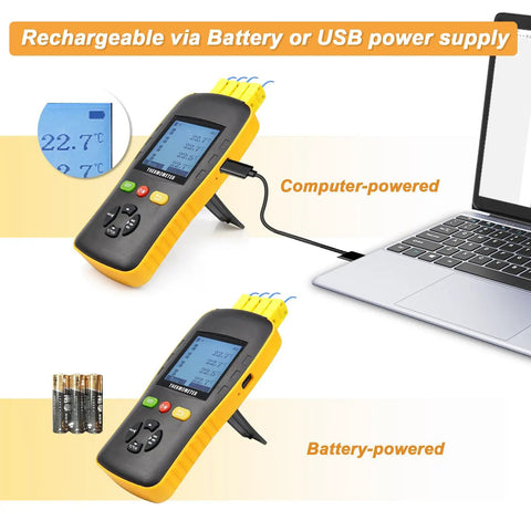 K Type Thermocouple Data Logger With USB For Four Channel Temperature Monitoring shown with USB and battery options