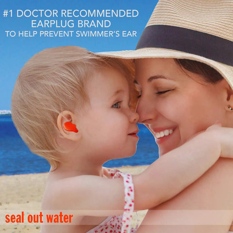 Mother holding child wearing Soft Moldable Silicone Ear Plugs For Kids Small Size 15 Pairs Waterproof.