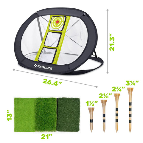 Golf Chipping Net for Backyard Practice With Foldable Pop Up Frame, dimensions, target design, and included accessories.