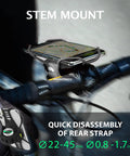 Third Gen Bike Phone Mount For Stem With Shock Absorbing Silicone Holder, attached to a bike handlebar, displaying GPS on smartphone