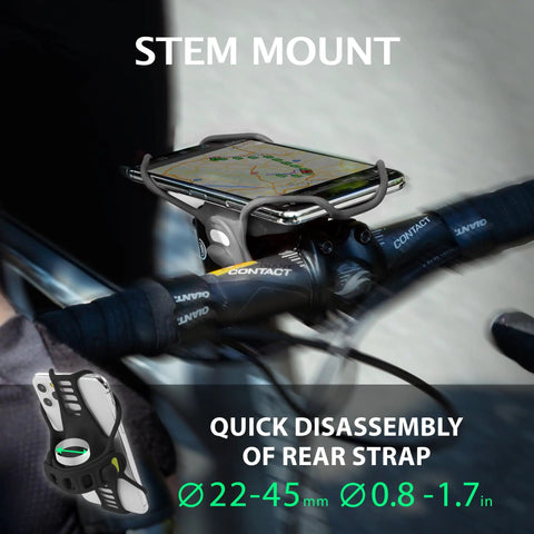 Third Gen Bike Phone Mount For Stem With Shock Absorbing Silicone Holder, attached to a bike handlebar, displaying GPS on smartphone