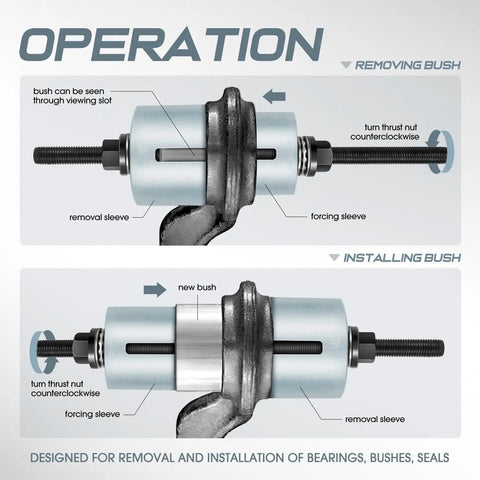 Operation of Universal Press And Pull Sleeve Kit For Wheel Bearings And Suspension Bushings, 27 Piece Tool Set shown in use on bushings.